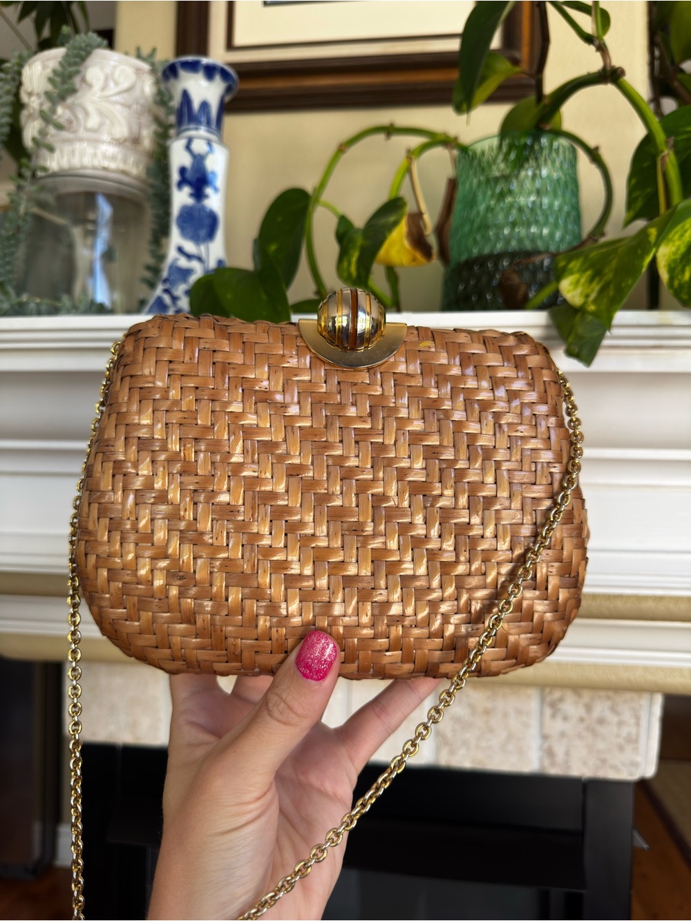 Vintage Rodo Italy Woven Wicker Chain Crossbody Bag 50s 60s Structured Hardcase